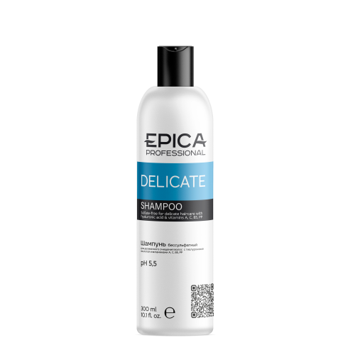 EPICA Professional Delicate Бессульфатный шампунь с гиалуроновой кислотой и витаминами А, С, РР, В5, 300 мл.